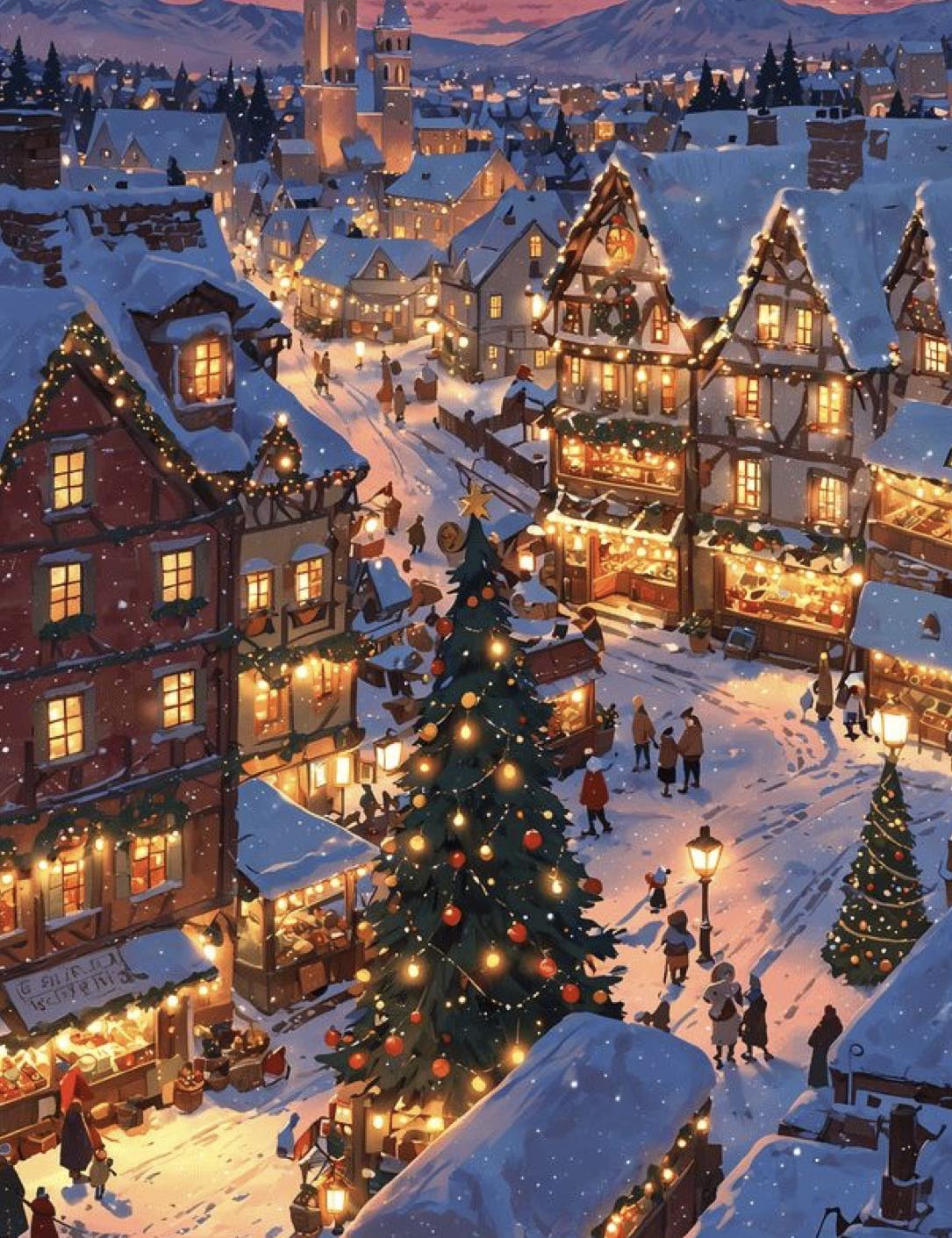 Vue plongeante d'un village médiéval enneigé la nuit, sapin de Noël illuminé sur la place centrale, maisons à colombages décorées de guirlandes, neige qui tombe doucement.