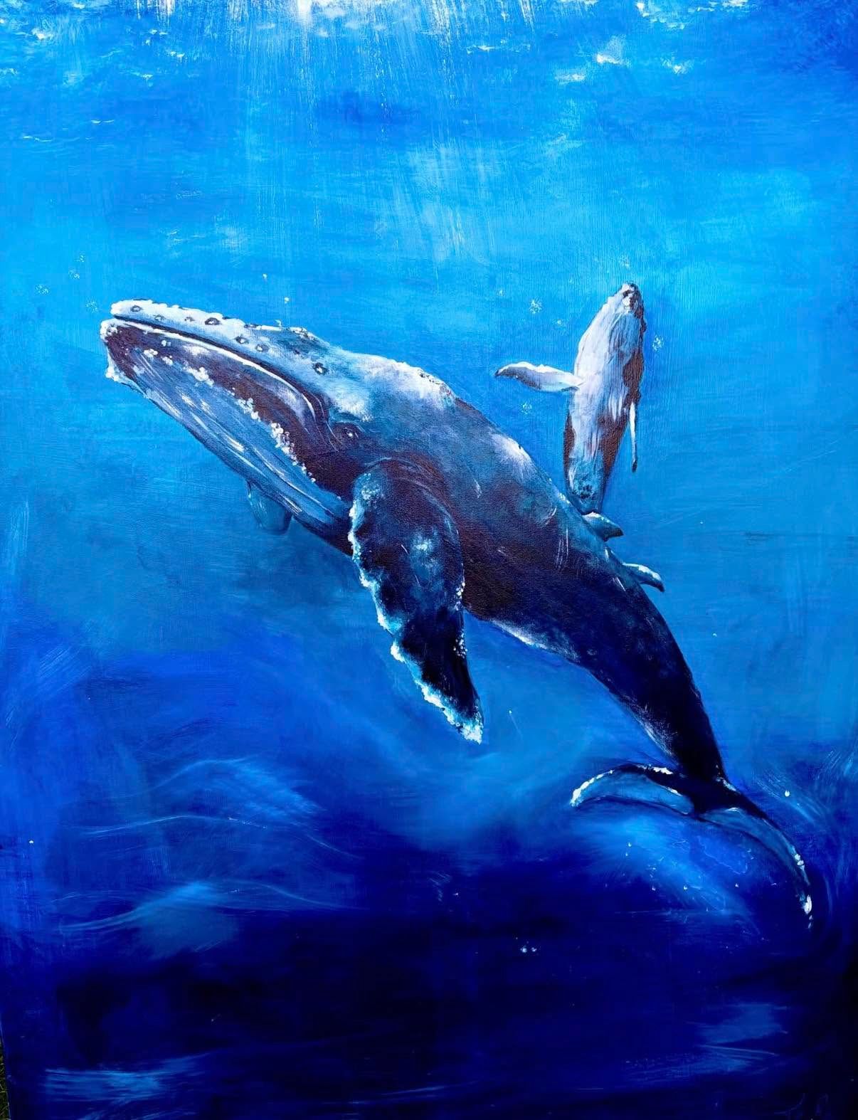 Cette peinture incarne un rêve d’enfance : celui de rencontrer un jour les baleines, de croiser leur immensité paisible et de partager, l’espace d’un instant, le silence profond de leur monde.
